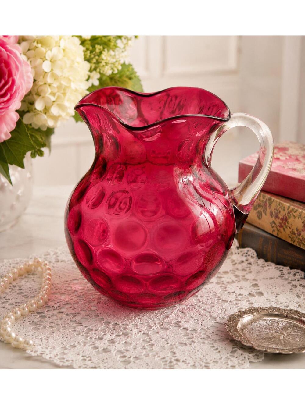 Vintage Fenton Cranberry Coin Dot Optic Glass Pitcher With Clear Handle